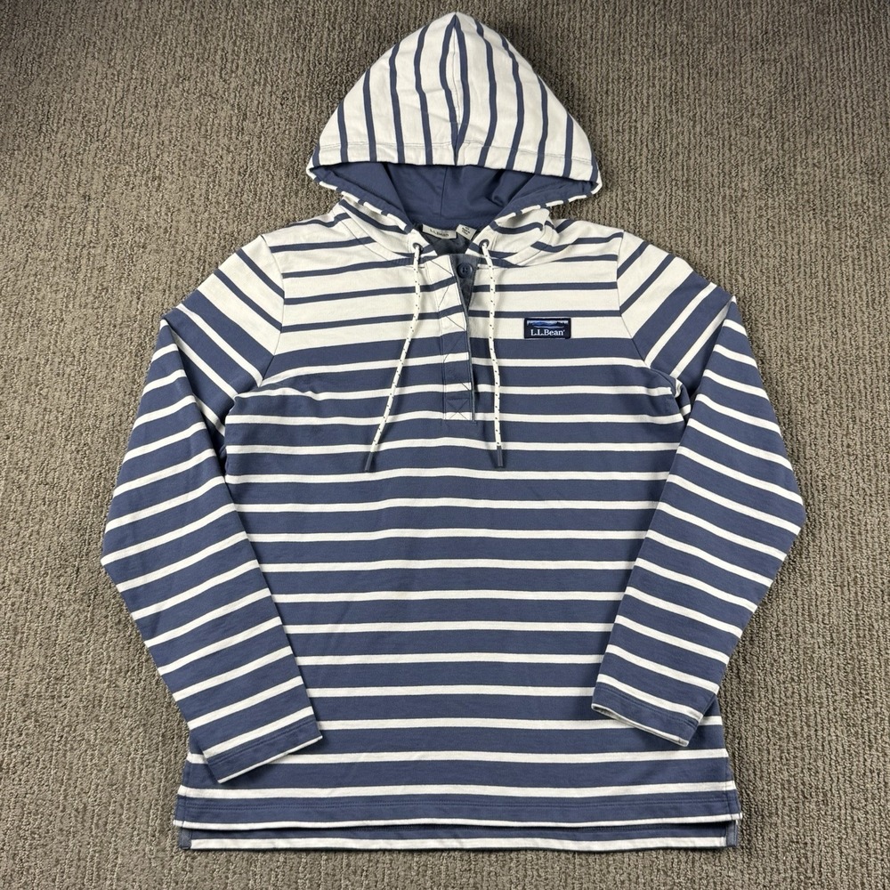 LL Bean Womens S Reg Rugby Hoodie Pullover Sweatshirt Buttons Blue White Stripe